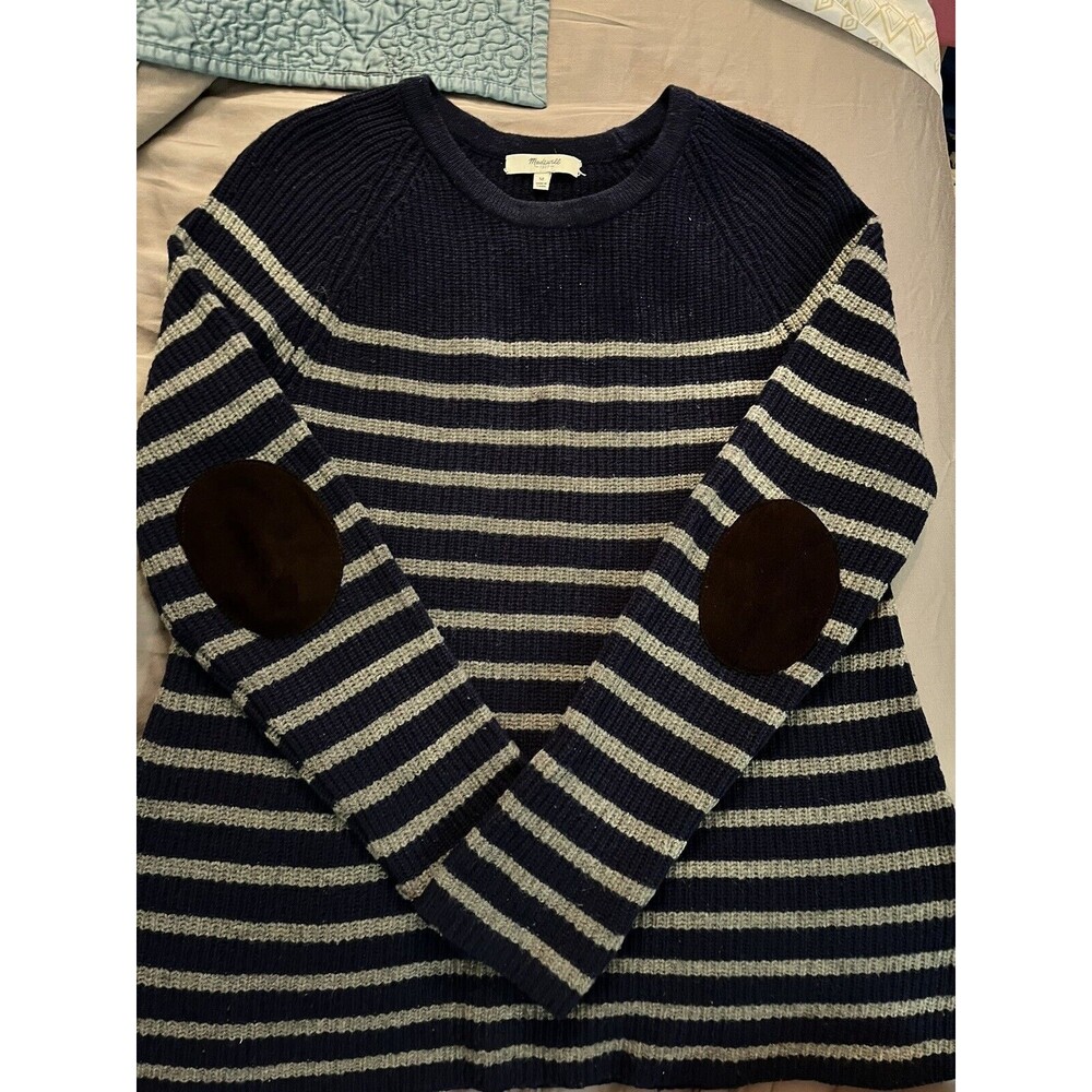 Madewell Elbow Leather Patch Stadium Sweater Blue Stripe Merino Wool Size M